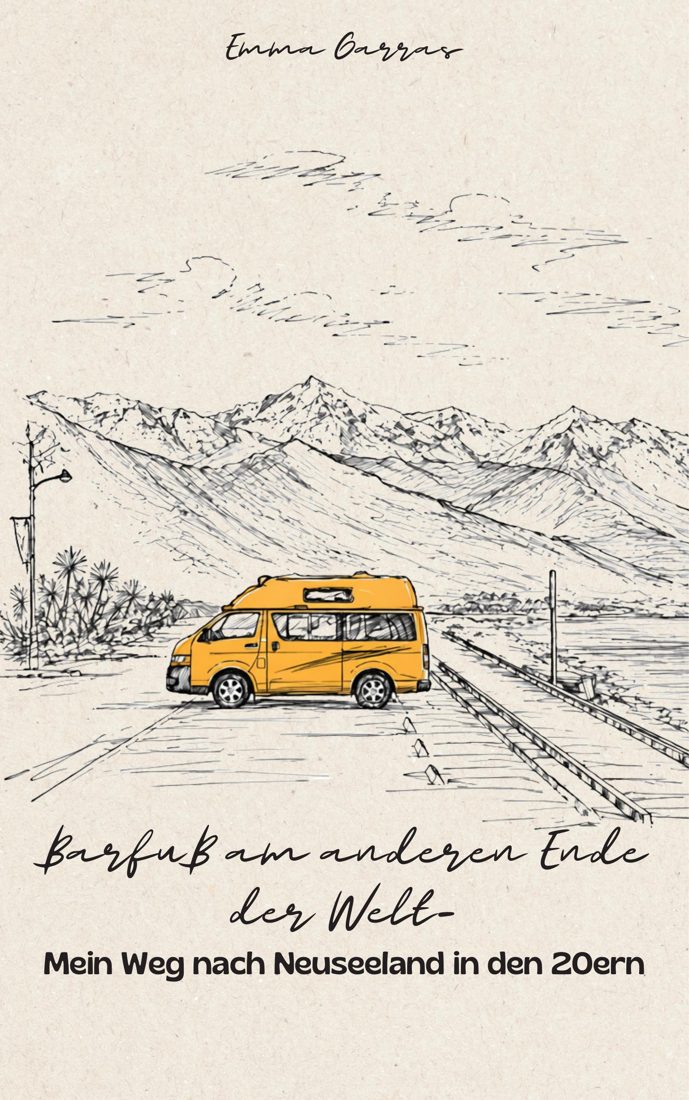 E-book cover: Barfuß am anderen Ende der Welt, with a hand-drawn yellow campervan